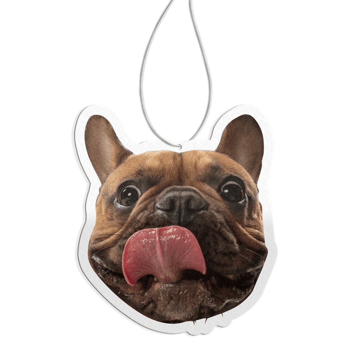 Custom photo car air freshener of a French bulldog's face